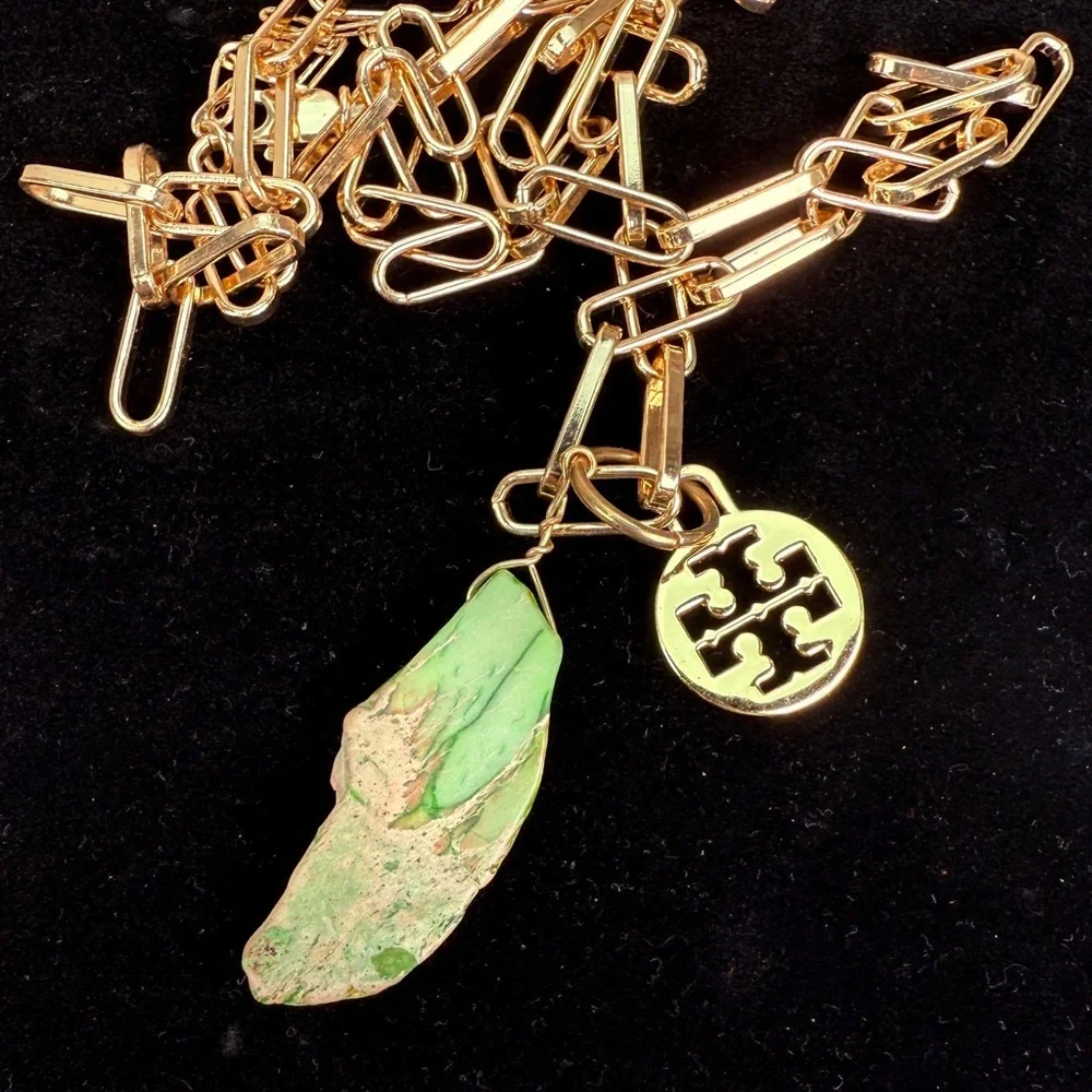 Goldtone chunky chain green statement stone and a Tory Burch charm 34” necklace